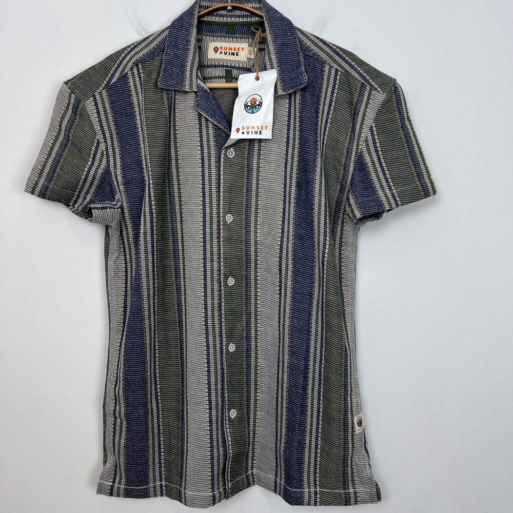 Sunset x Vine‎ Men's Striped Textured Button Up Shirt Small Green Blue